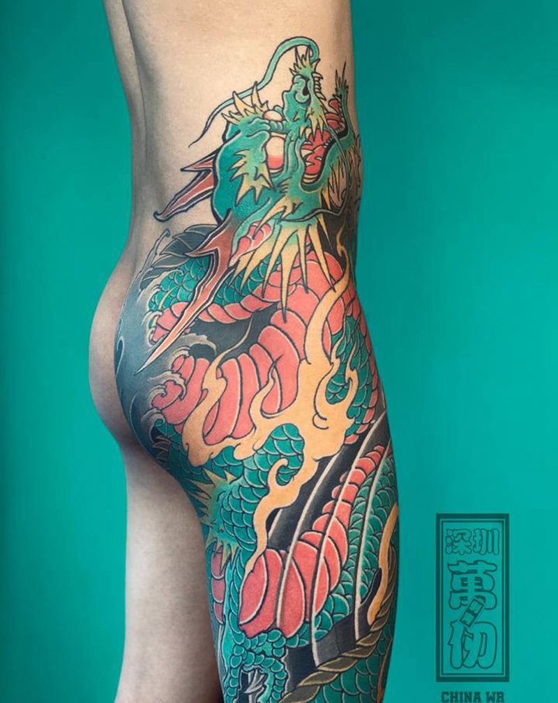 花腿龙纹身图片_腿部新传统纹身图案