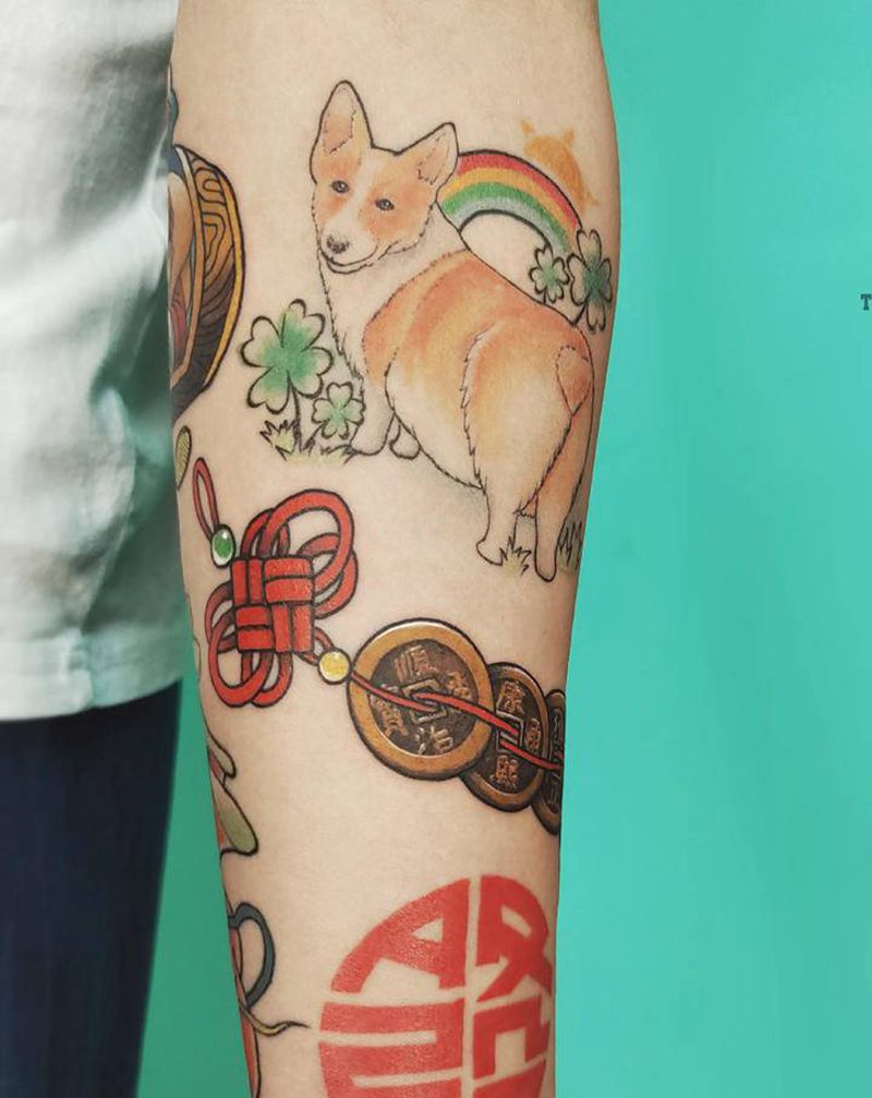 五帝铜钱币纹身图片_手臂手部新传统New School铜钱纹身图案