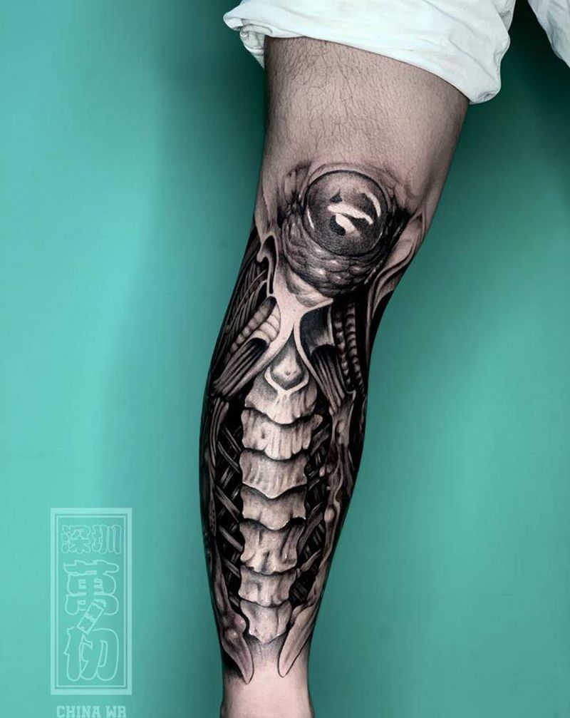 机械小腿纹身图片_腿部脚部欧美写实机械纹身图案