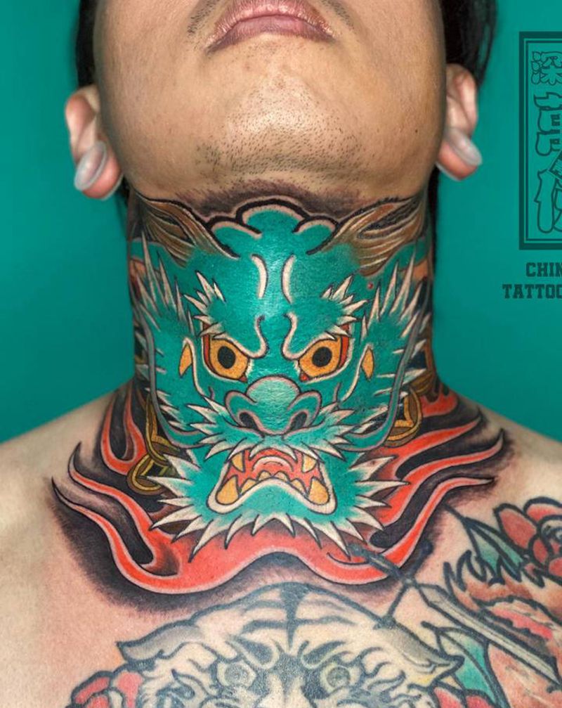 青龙纹身图片_颈部老传统纹身图案