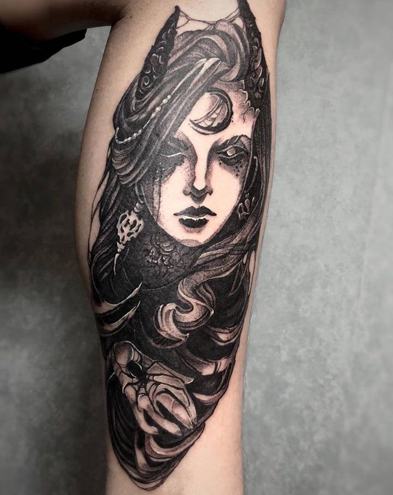 遮盖纹身图片_腿部新传统暗黑纹身图案