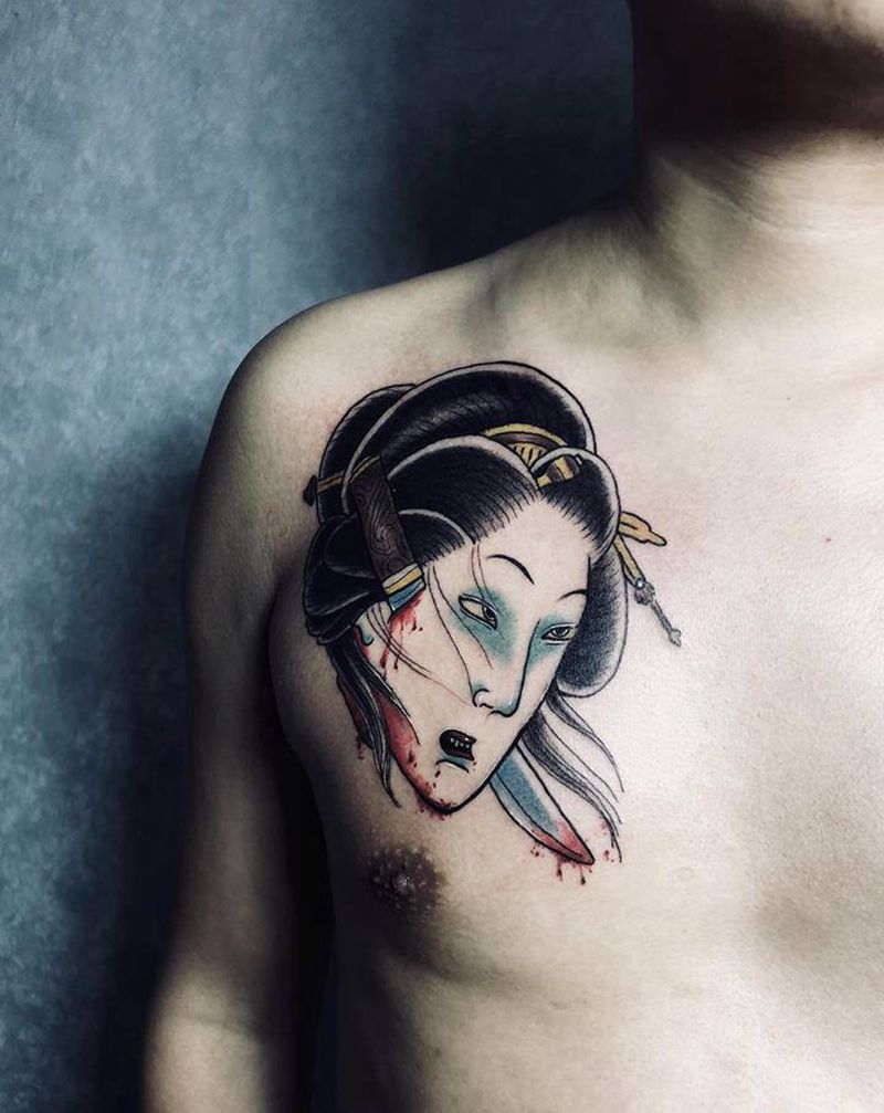 生首纹身图片_胸部新传统老传统纹身图案