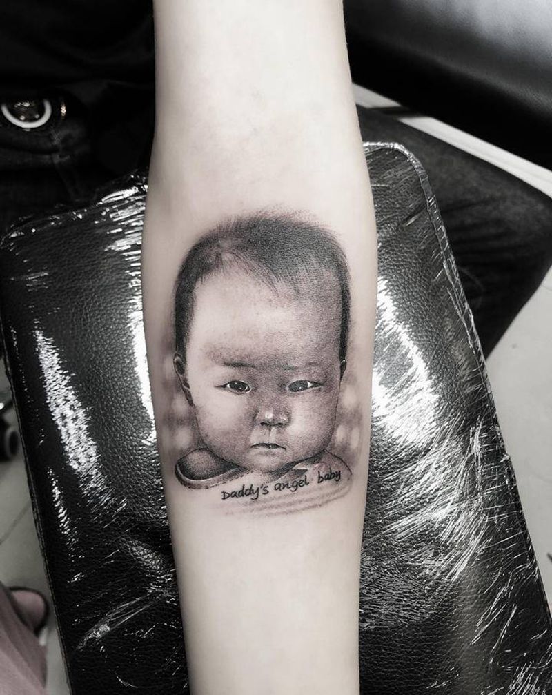 肖像，女儿纹身图片_手臂欧美写实纹身图案