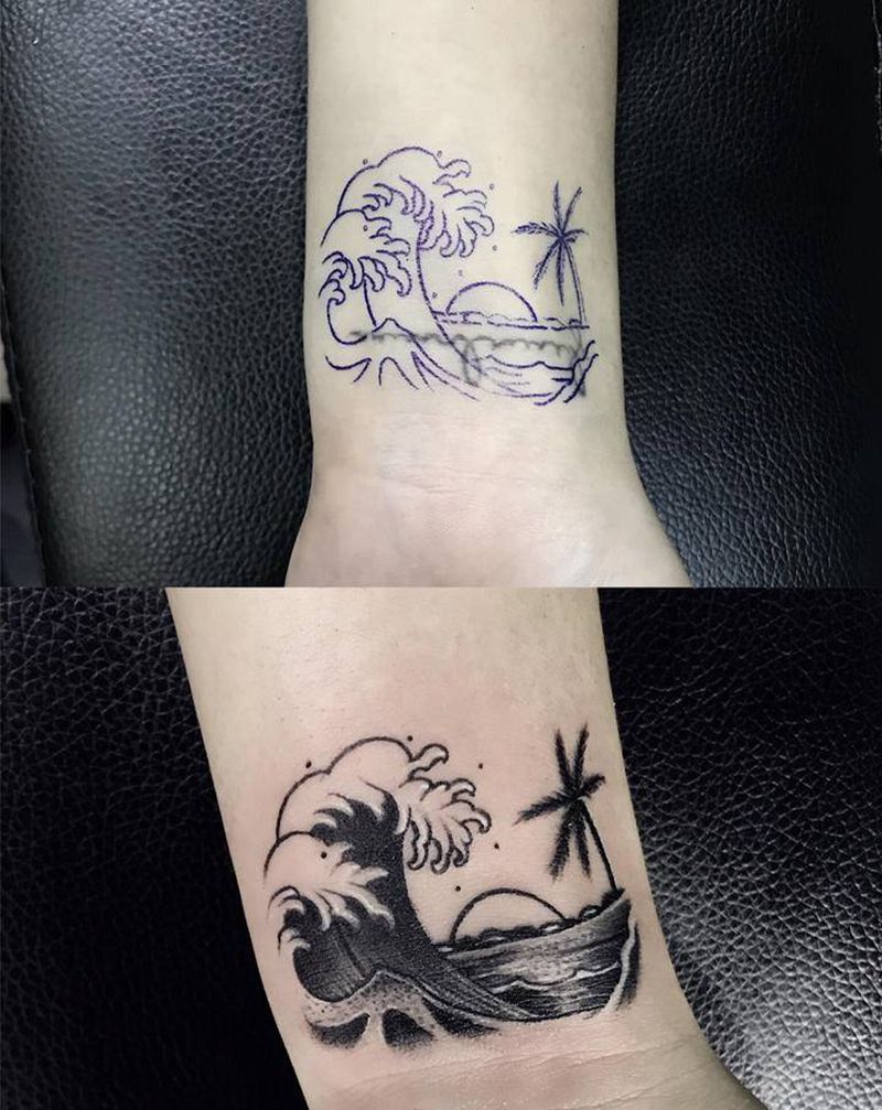 海浪遮盖纹身图片_手部点刺水墨纹身图案