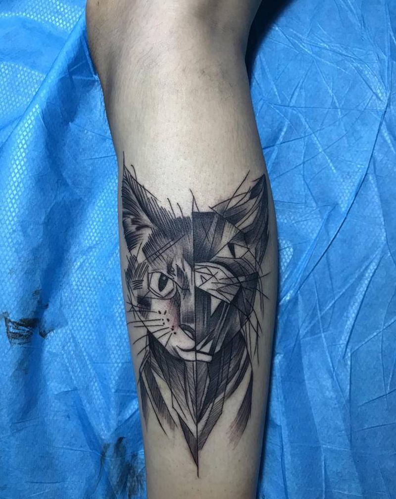 双面喵喵纹身图片_几何纹身图案