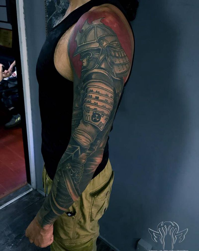 武士花臂纹身图片_手臂手部老传统日式花臂花臂武士纹身图案