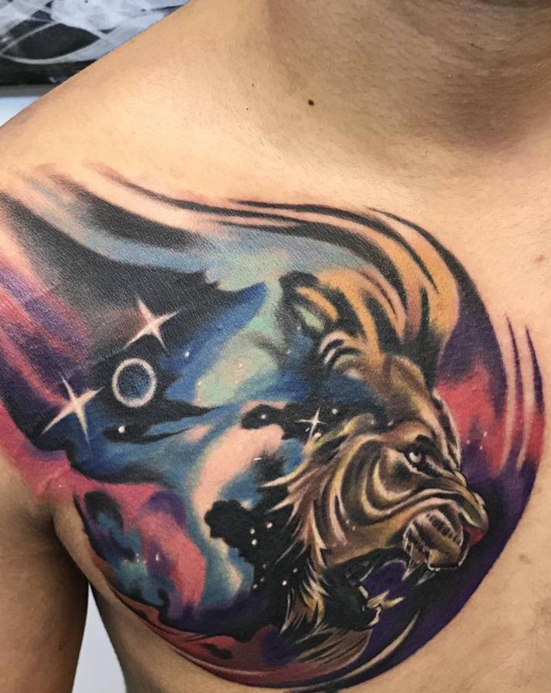 水彩星空狮子纹身图片_胸部纹身图案