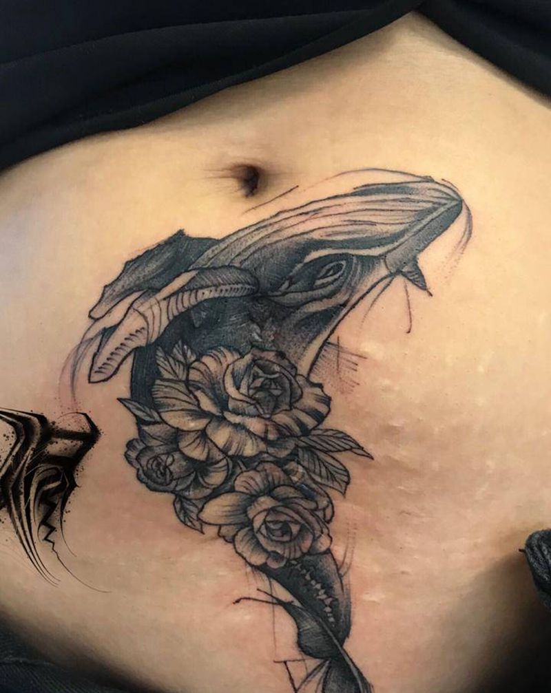 遮盖伤疤纹身图片_腹部纹身图案