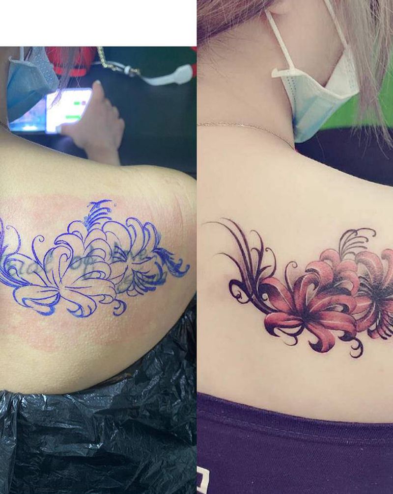 彼岸花遮盖纹身图片_肩部新传统纹身图案