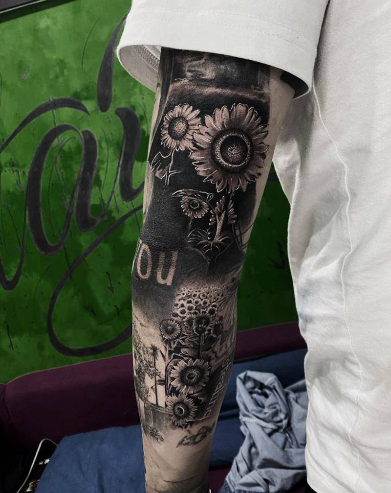 向日葵 花田纹身图片_手部欧美写实点刺纹身图案