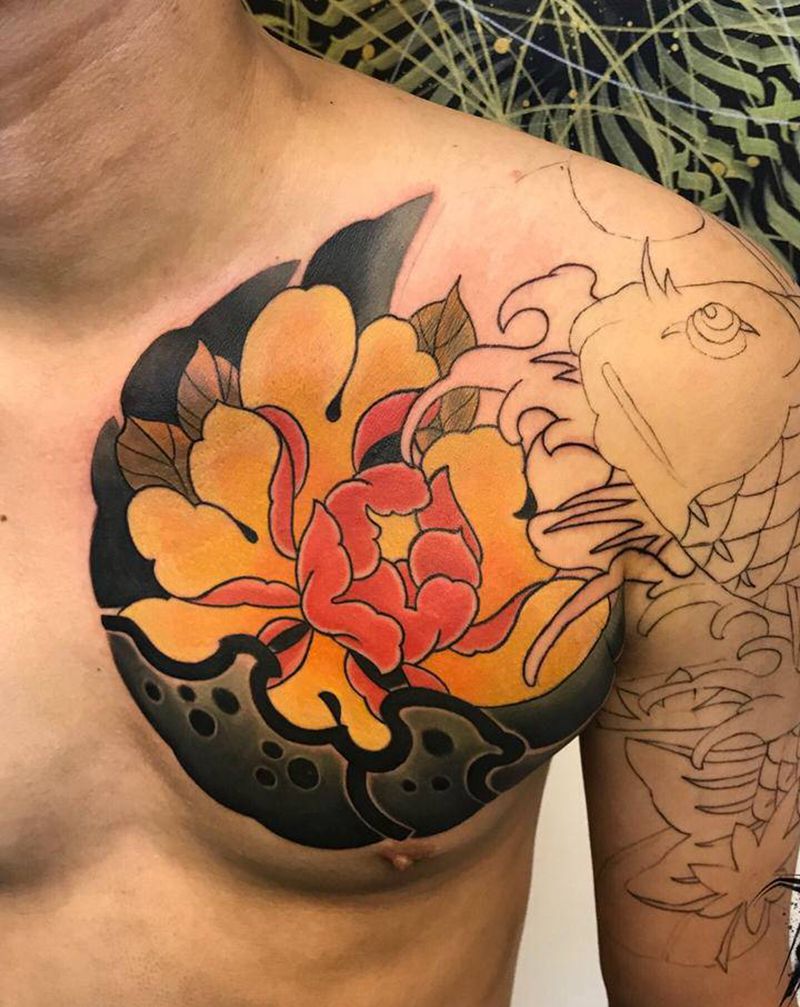 日式半甲未完成纹身图片_胸部纹身图案