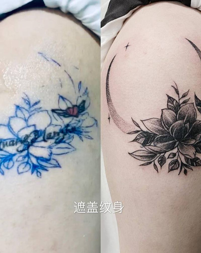 月亮花遮盖英文纹身图片_手臂点刺纹身图案