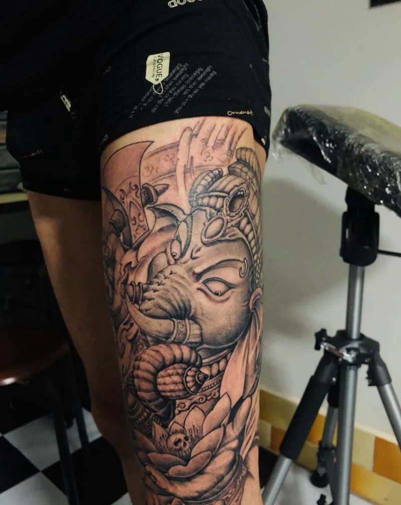 象神纹身图片_腿部新传统纹身图案