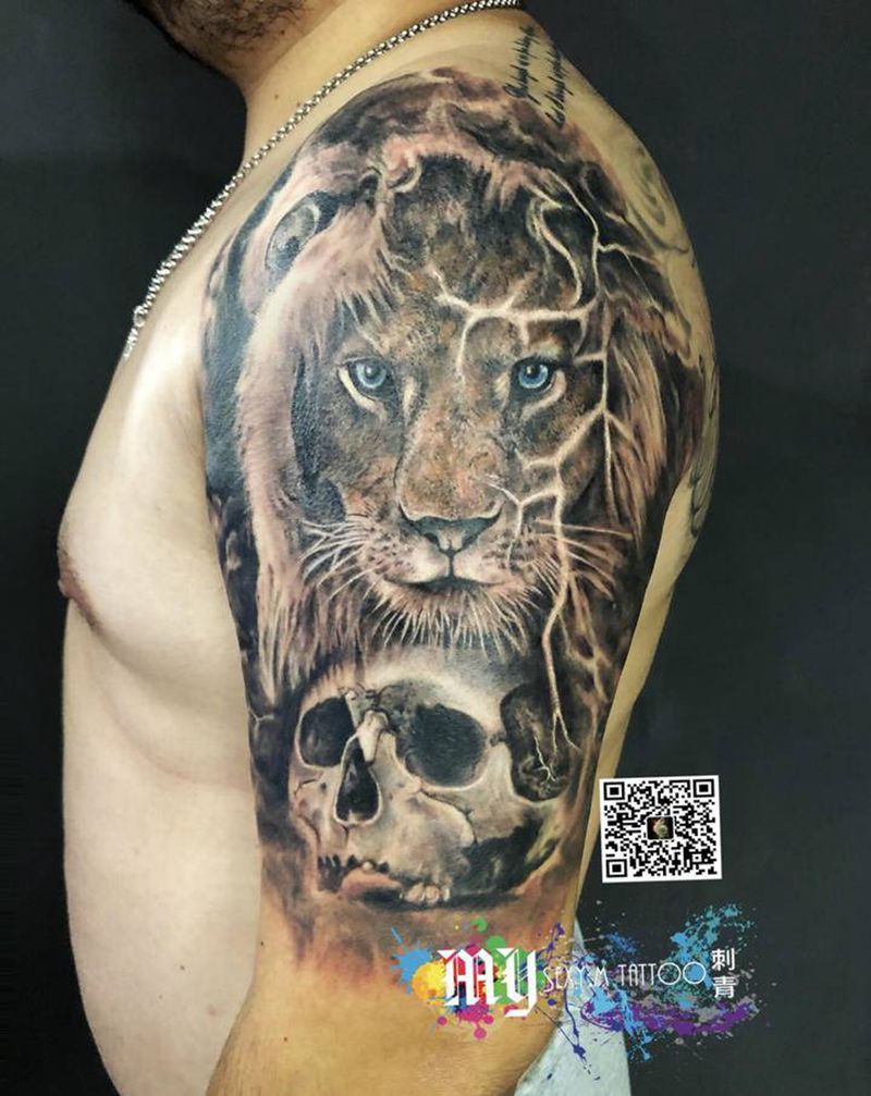 写实骷髅狮子纹身图片_欧美写实纹身图案