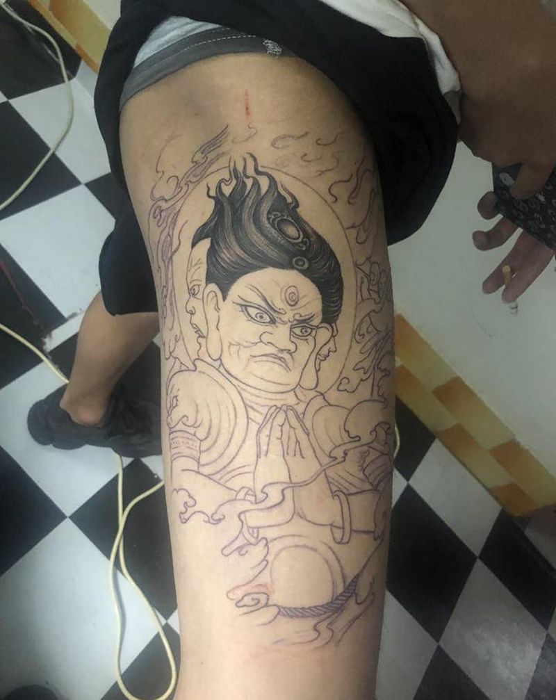 花腿半成品纹身图片_腿部老传统人物纹身图案