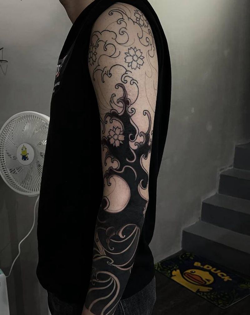 传统浪花花臂未完纹身图片_手部手臂老传统新传统纹身图案