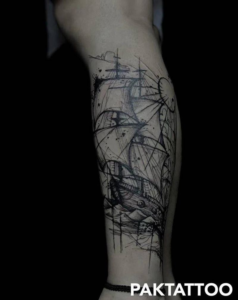 一帆风顺 船舶纹身图片_腿部纹身图案