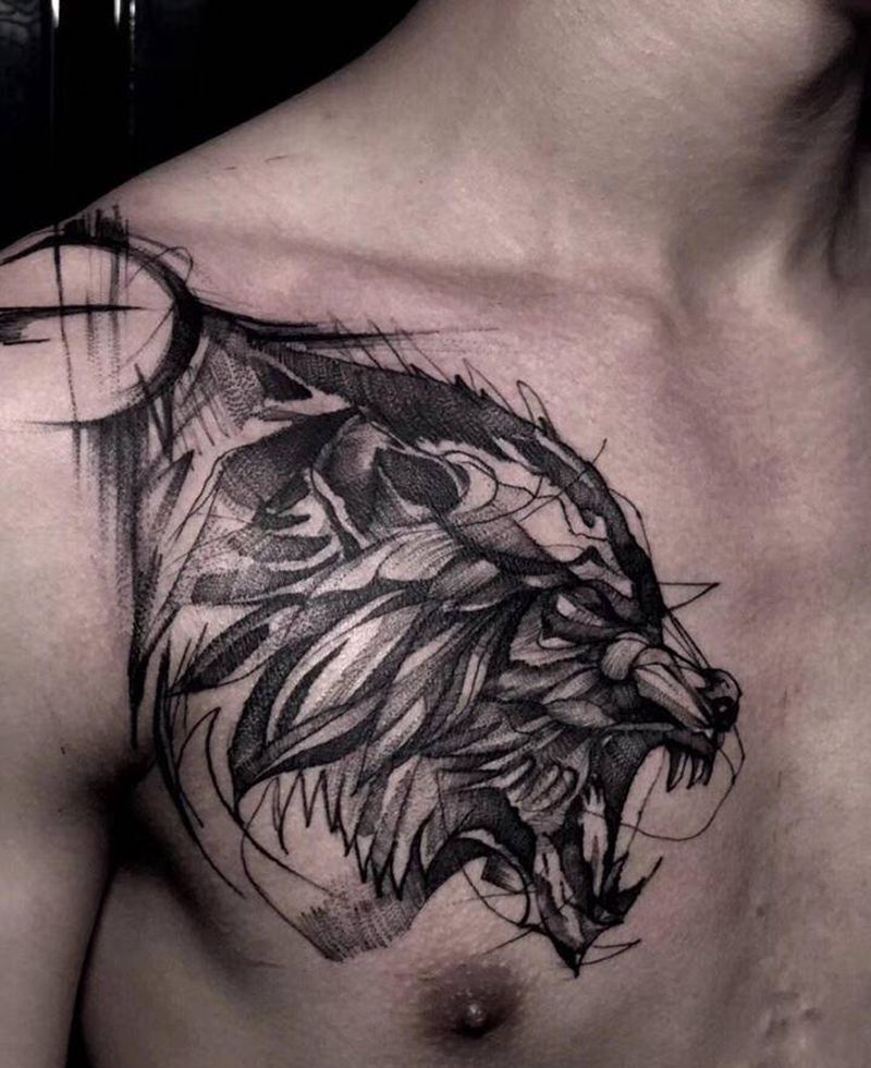 咆哮纹身图片_胸部纹身图案