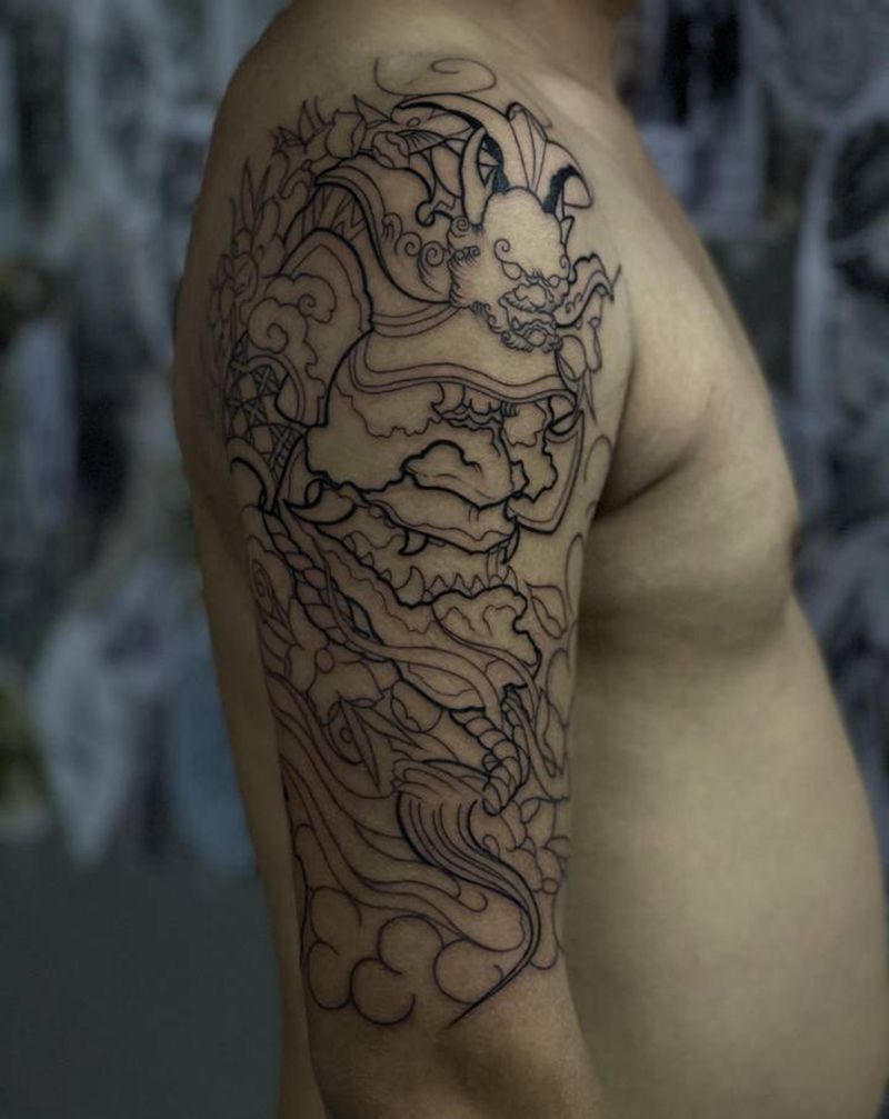 上臂传统鬼武士未完待续……纹身图片_手臂新传统纹身图案