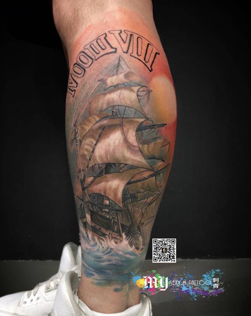 彩色复古老帆⛵️纹身图片_腿部欧美写实水彩纹身图案