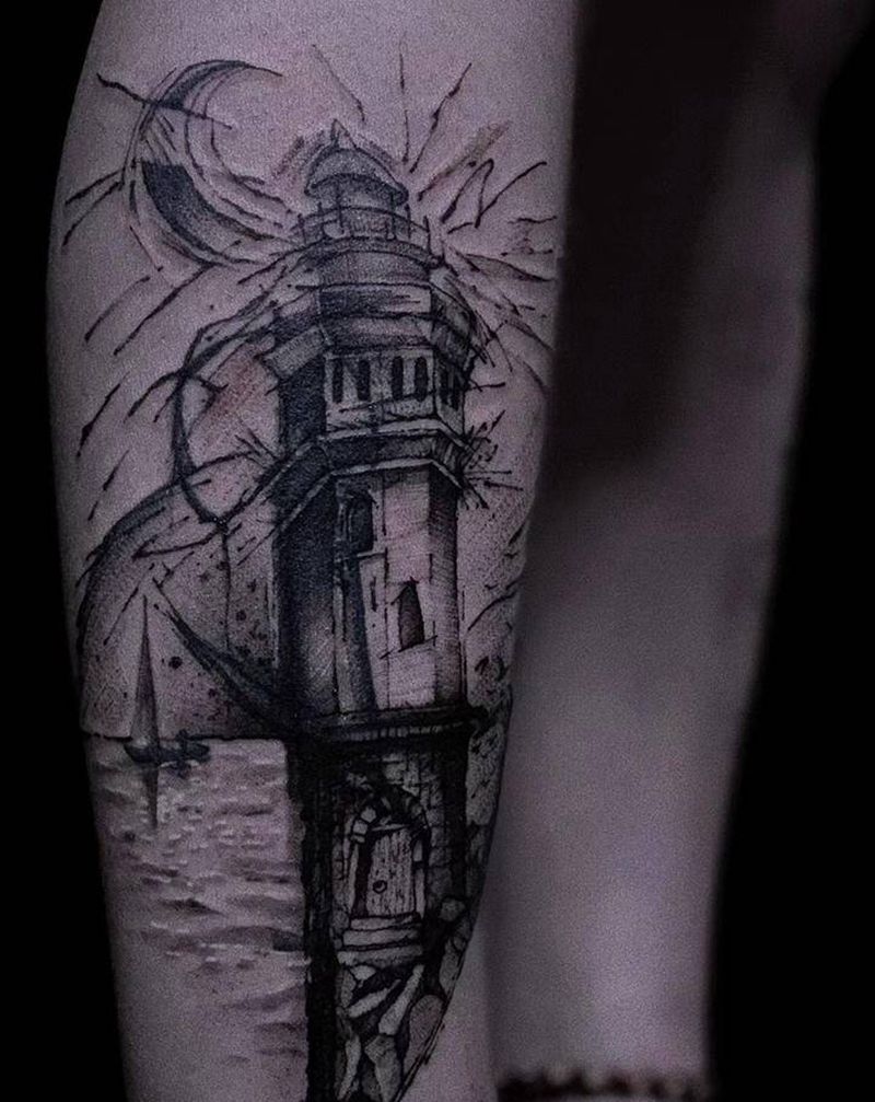 遮盖 灯塔纹身图片_腿部纹身图案