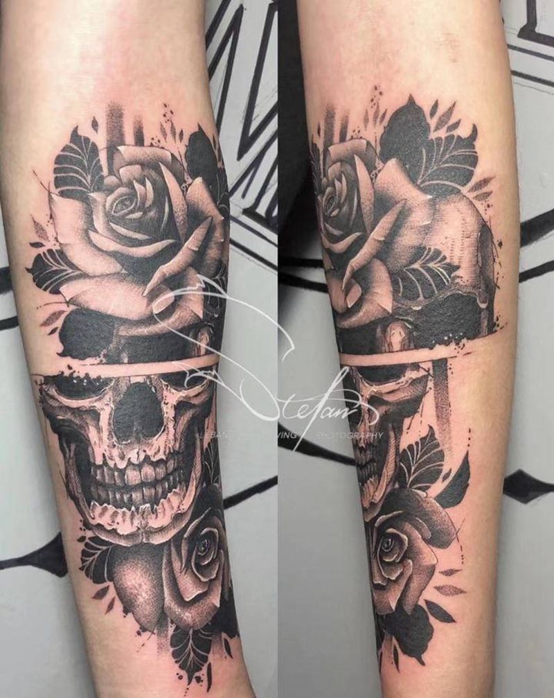 骷髅玫瑰纹身图片_脚部点刺欧美写实纹身图案