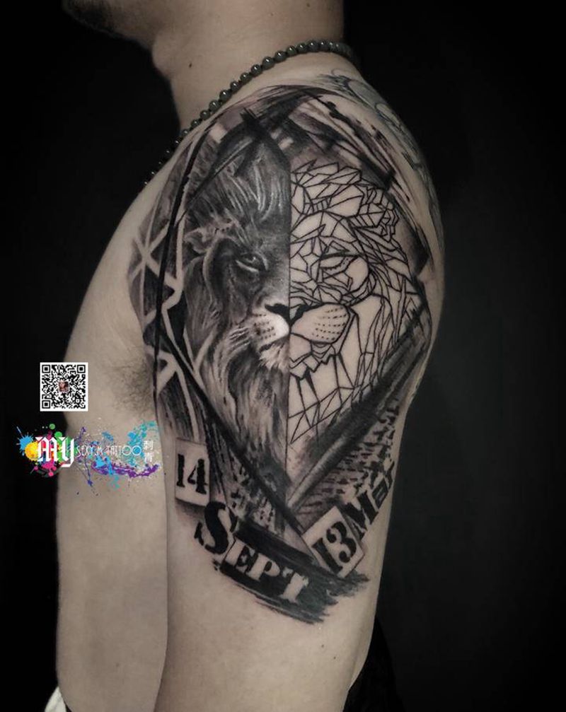 鸳鸯黑灰狮子纹身图片_手部欧美写实纹身图案