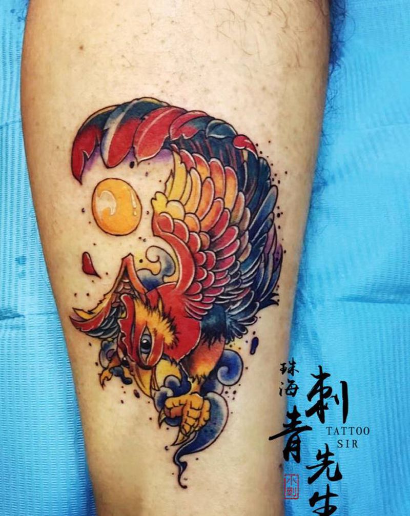 （鸡）纹身图片_腿部New School纹身图案