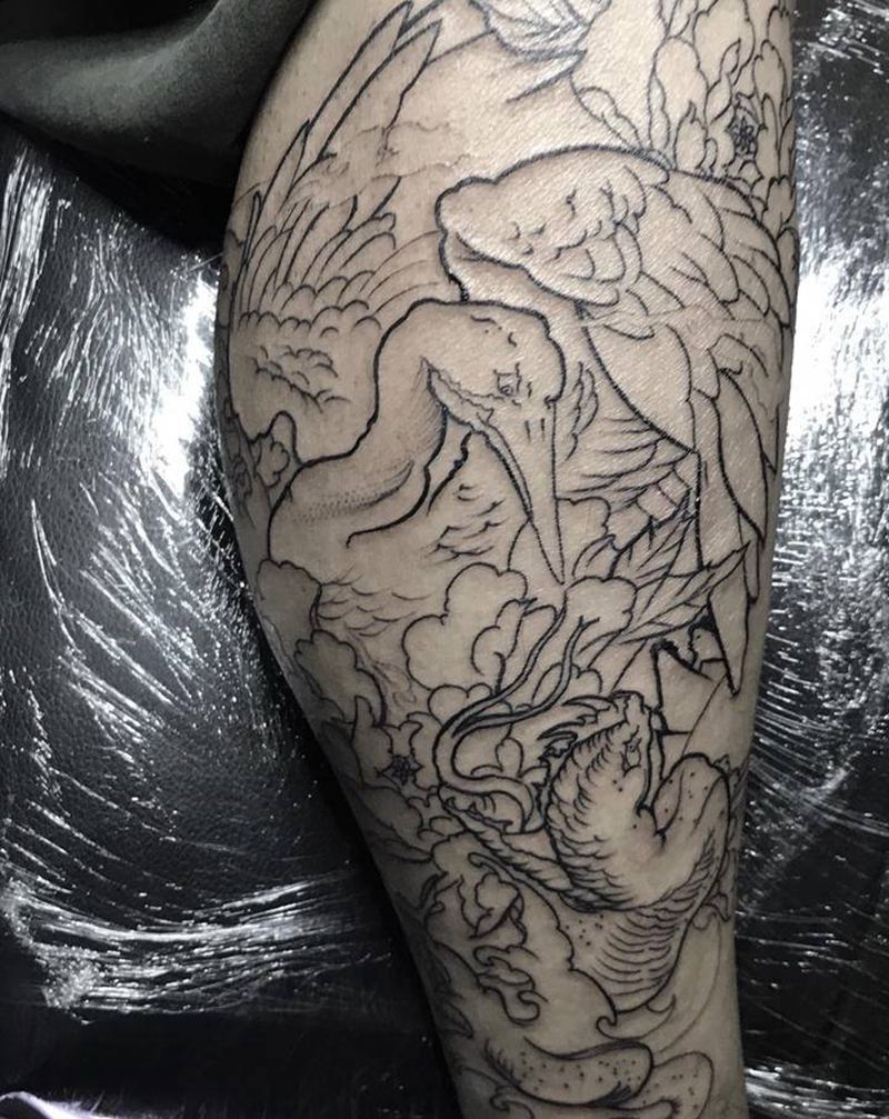 新传统 蛇鹤纹身图片_脚部新传统纹身图案