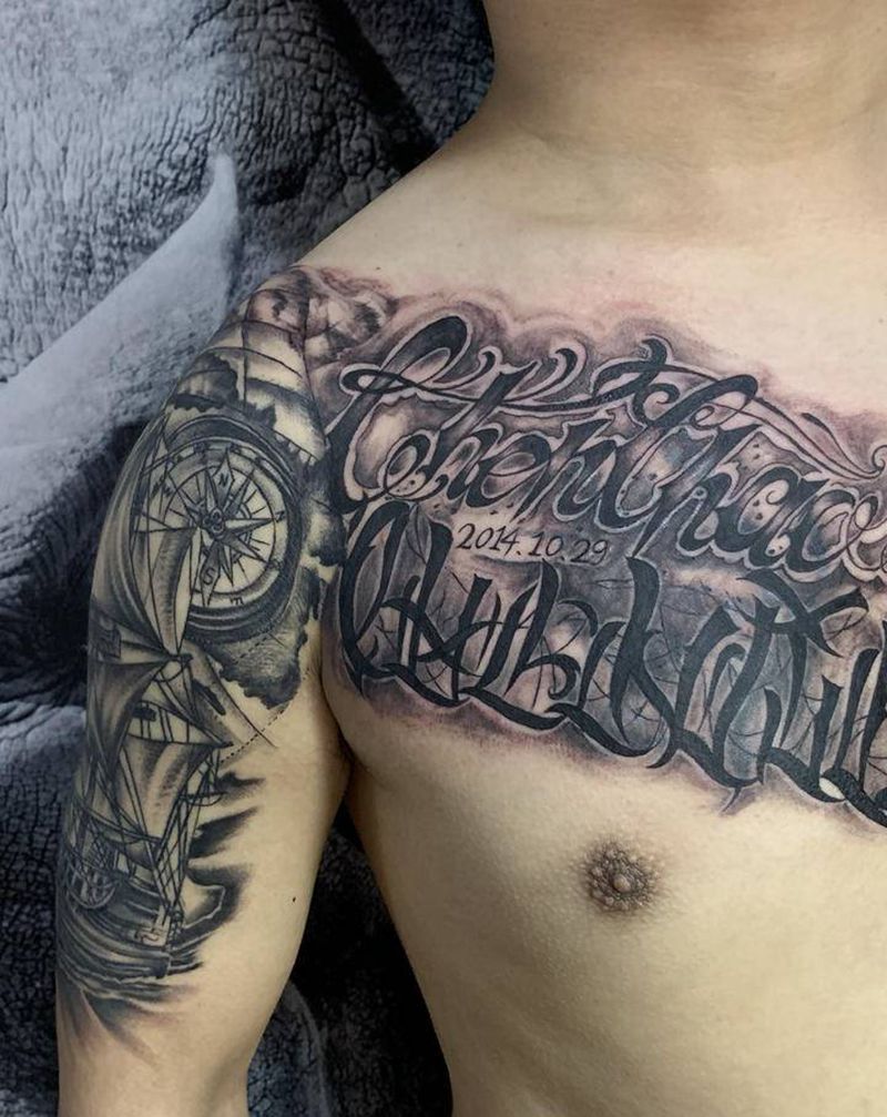 遮盖图纹身图片_胸部手臂花体字欧美写实纹身图案