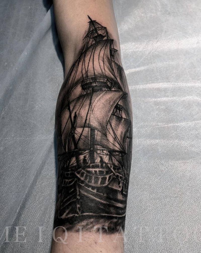 帆船⛵️纹身图片_手臂欧美写实纹身图案