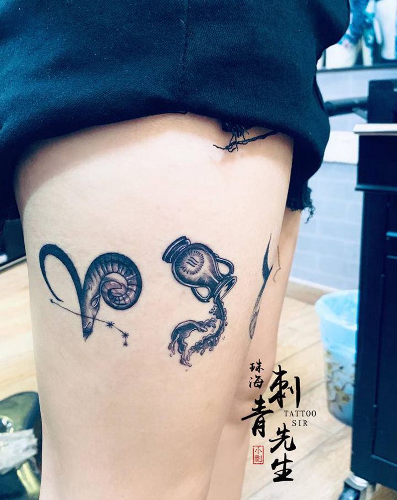水瓶座白羊座金牛座纹身图片_腿部几何纹身图案
