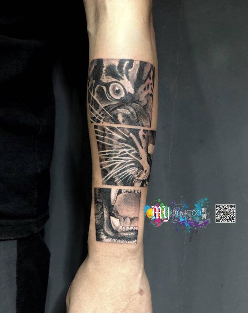 不规则黑灰老虎纹身图片_手部欧美写实纹身图案