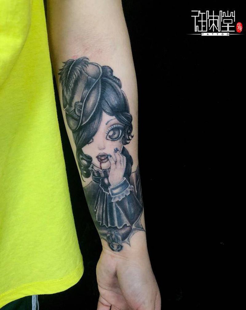 吸血美女纹身图片_手臂新传统欧美写实纹身图案