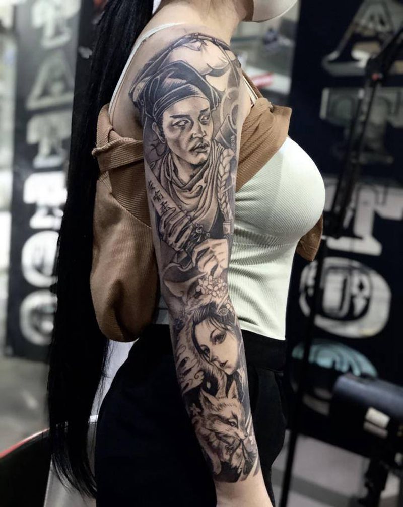 聊斋 花臂,  宁采臣与狐仙。纹身图片_手臂新传统纹身图案