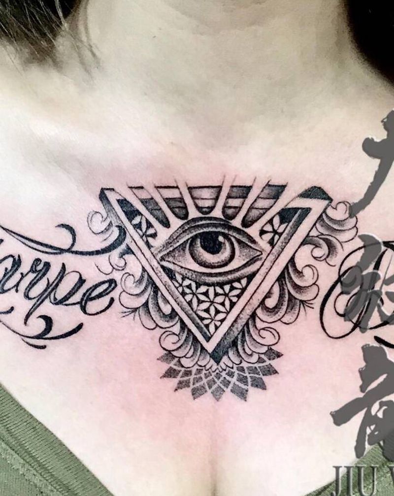 上帝之眼纹身图片_胸部花体字点刺纹身图案