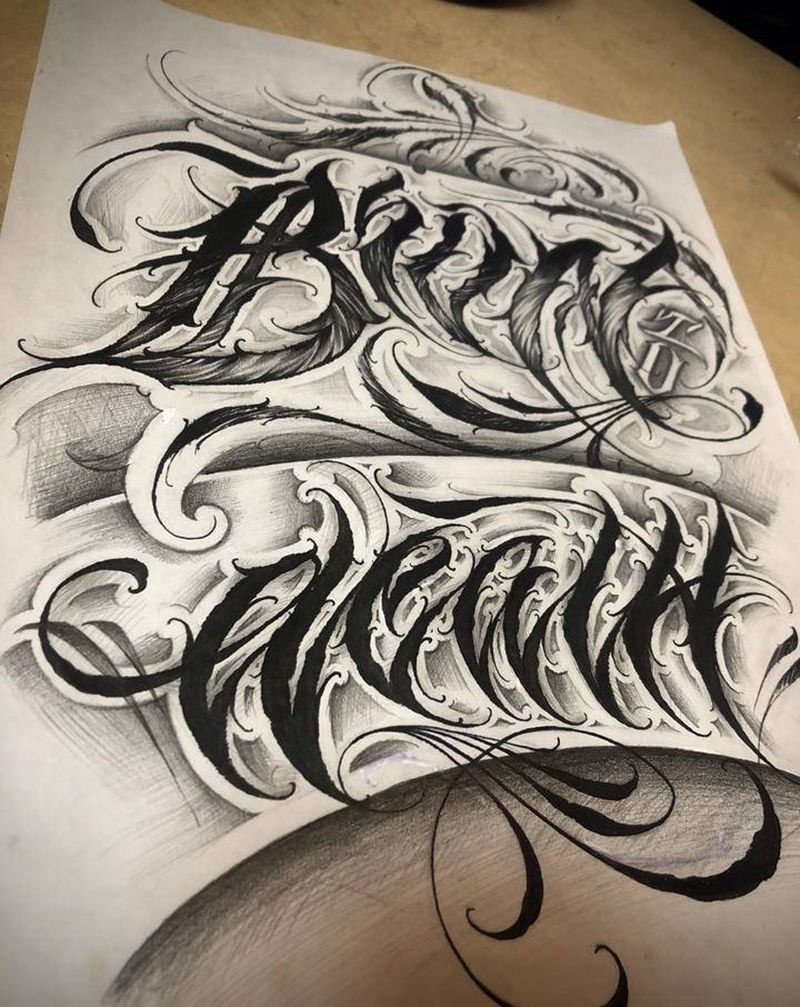 今年将会带给大家更多特色菜纹身图片_手臂腿部花体字欧美写实字英文花体字纹身图案