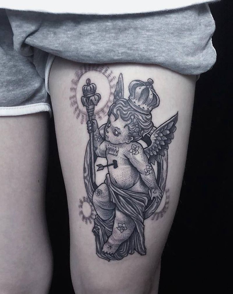 天使纹身图片_腿部纹身图案