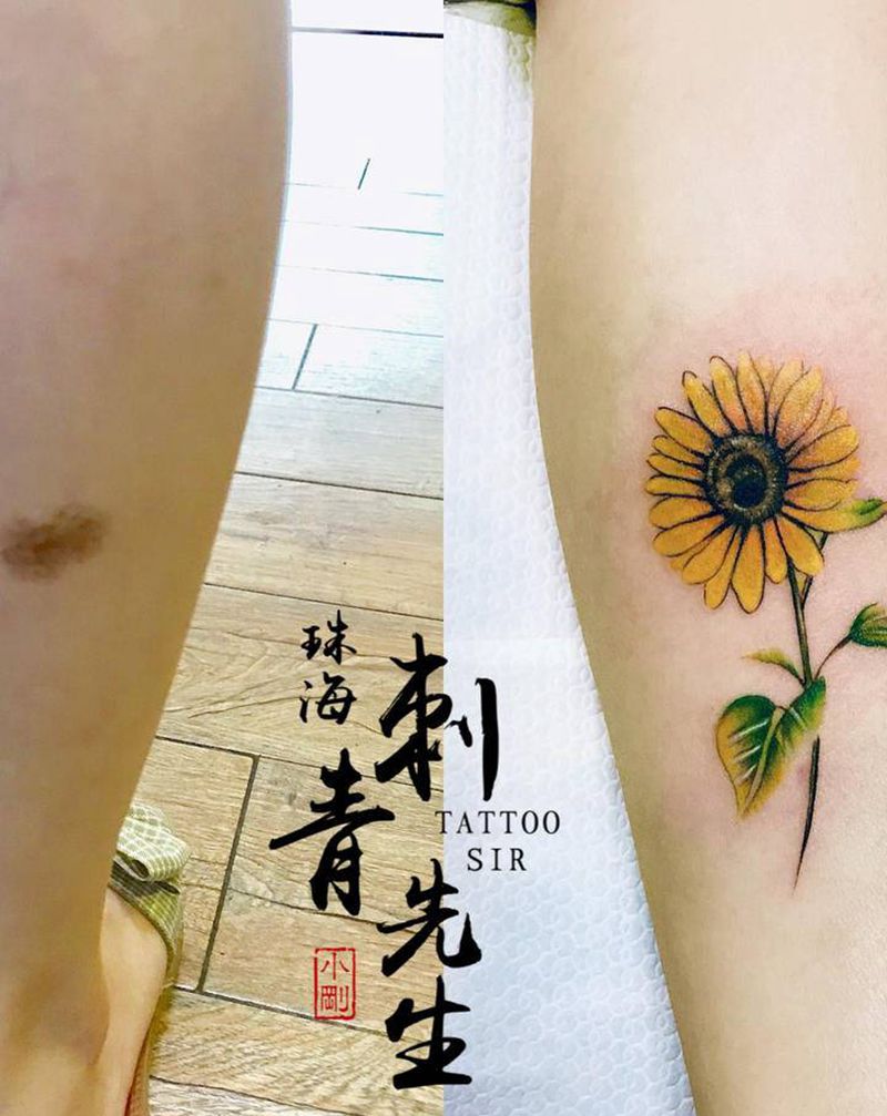 太阳花纹身图片_腿部脚部水彩小清新纹身图案