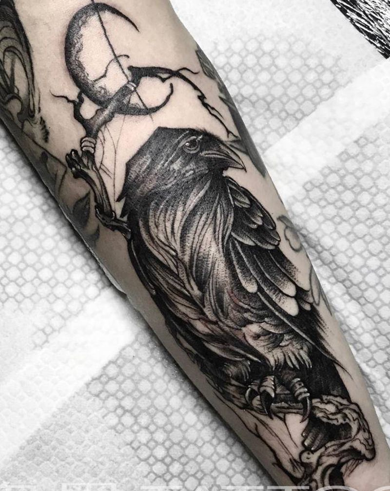 暗黑系乌鸦纹身图片_手臂暗黑系纹身图案