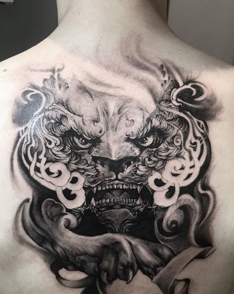 唐狮纹身图片_背部新传统纹身图案