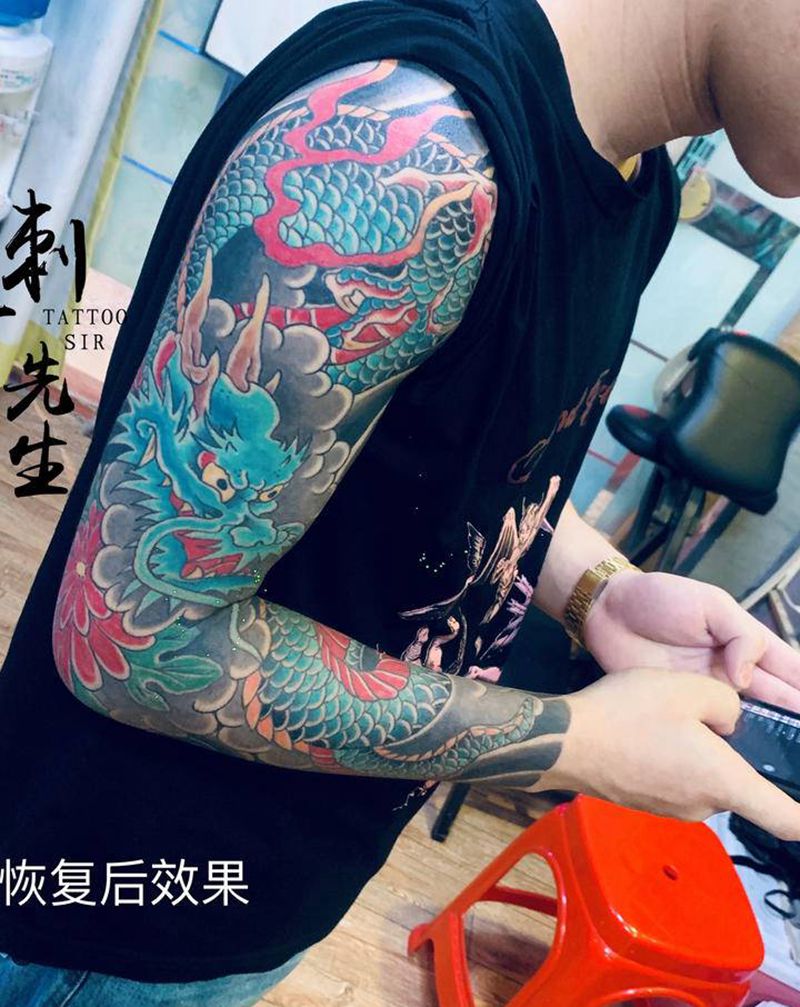 日式传统花臂恢复后效果纹身图片_手部手臂老传统纹身图案