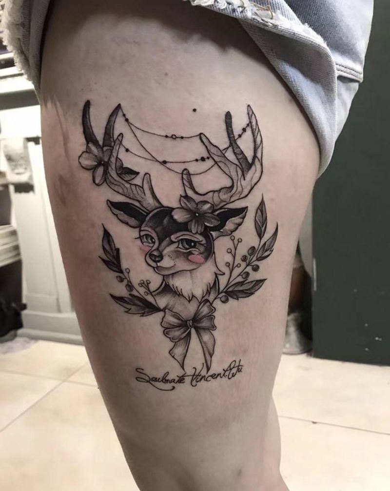 鹿纹身图片_腿部纹身图案