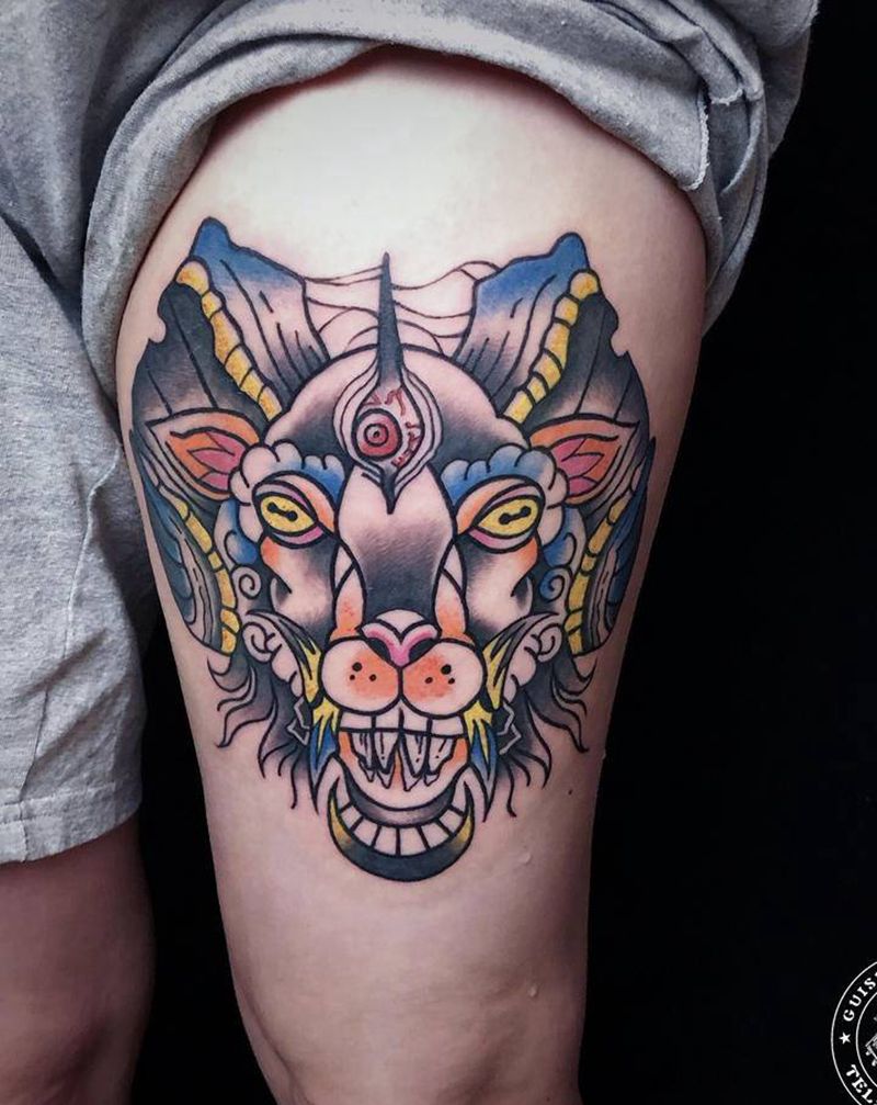 羊纹身图片_腿部Old School纹身图案