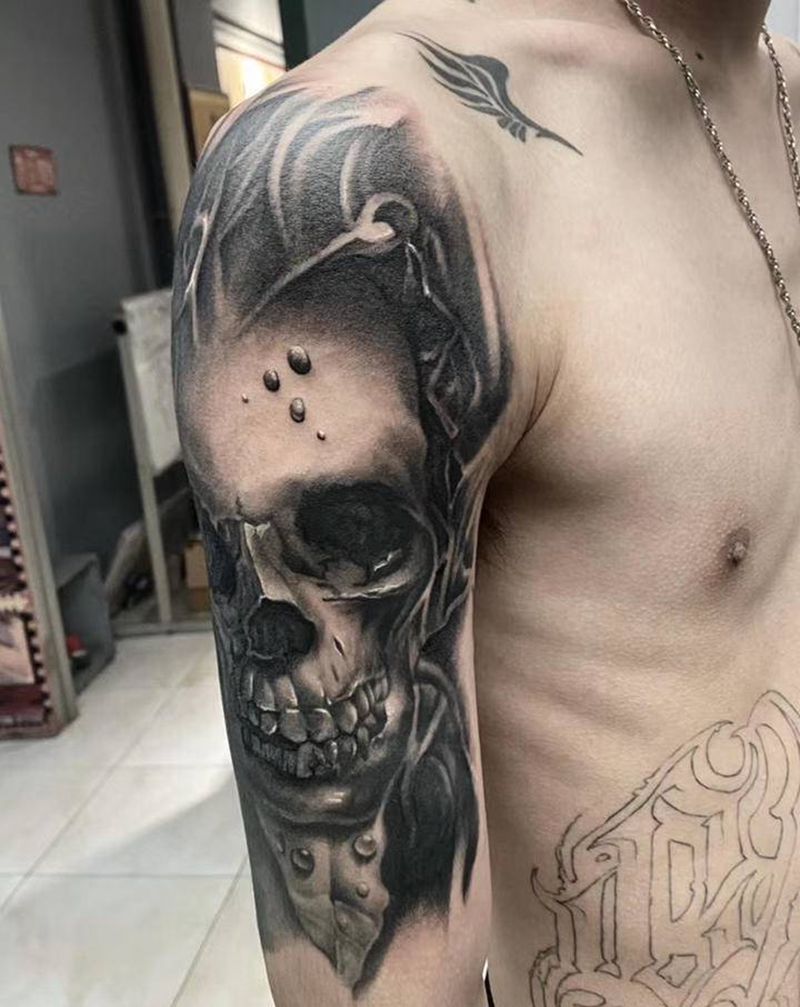 骷髅纹身图片_手臂腿部欧美写实点刺纹身图案