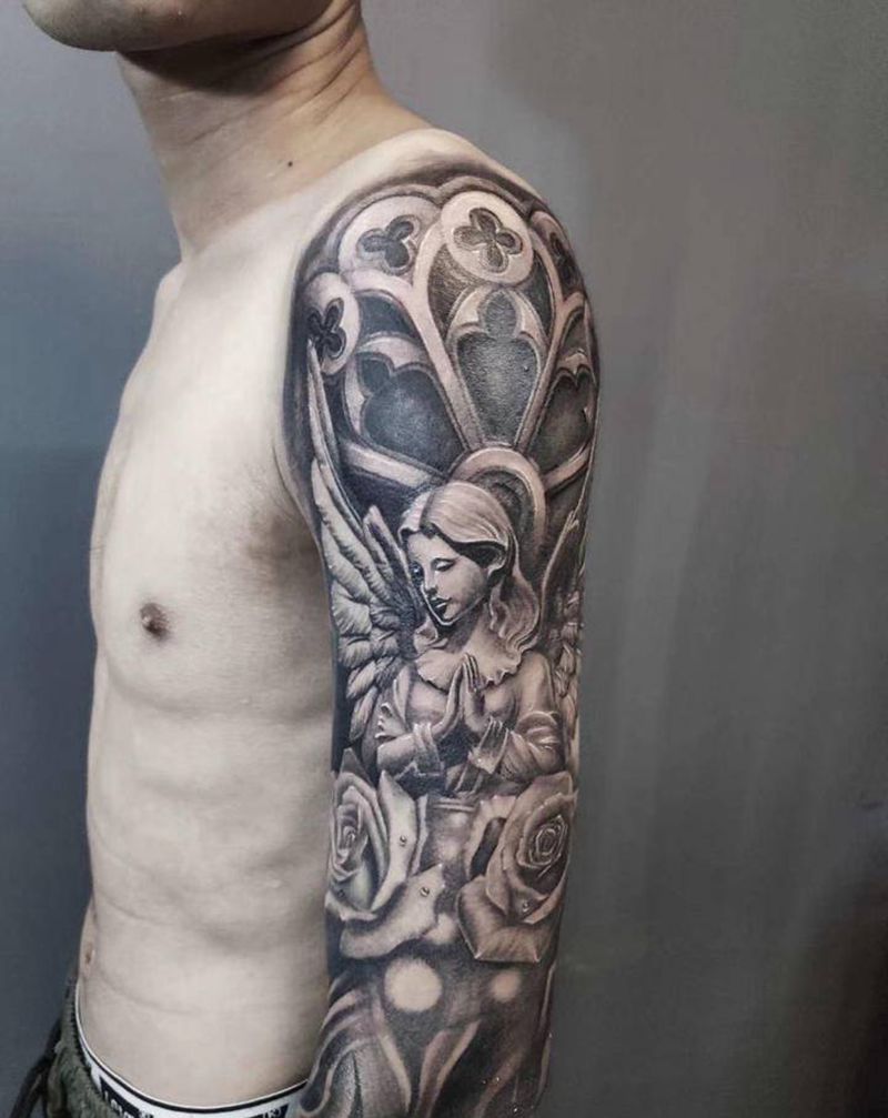 圣母花臂纹身图片_手臂腿部欧美写实点刺花臂写实纹身图案