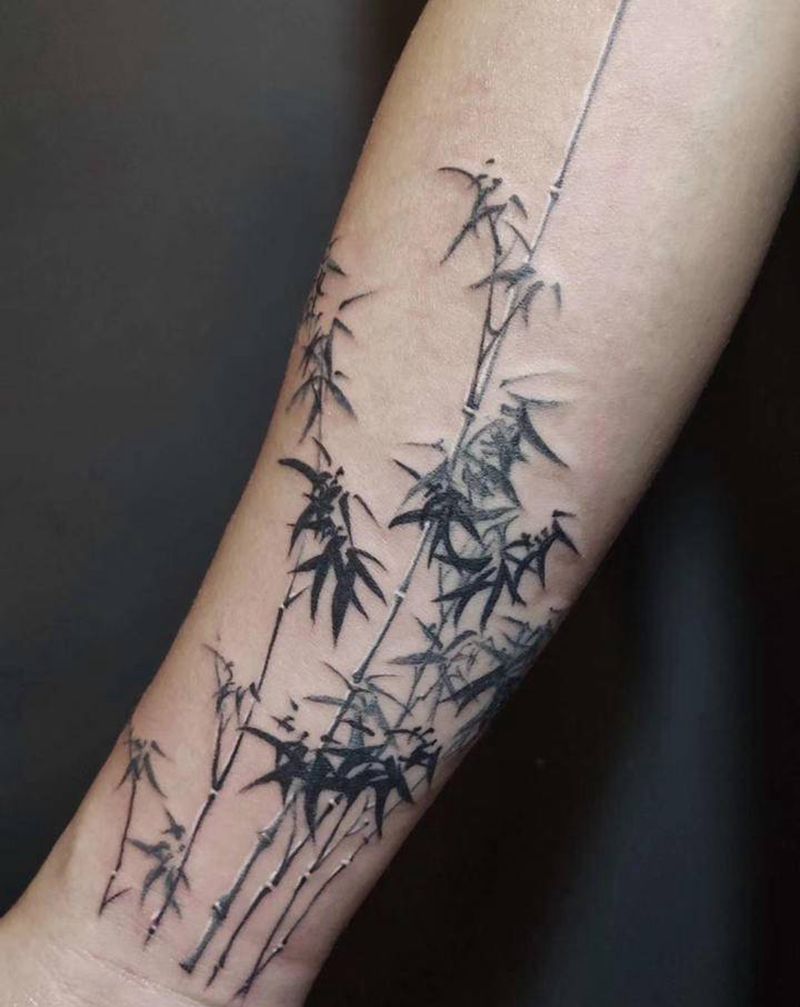 竹子纹身图片_手臂腿部水彩水墨纹身图案