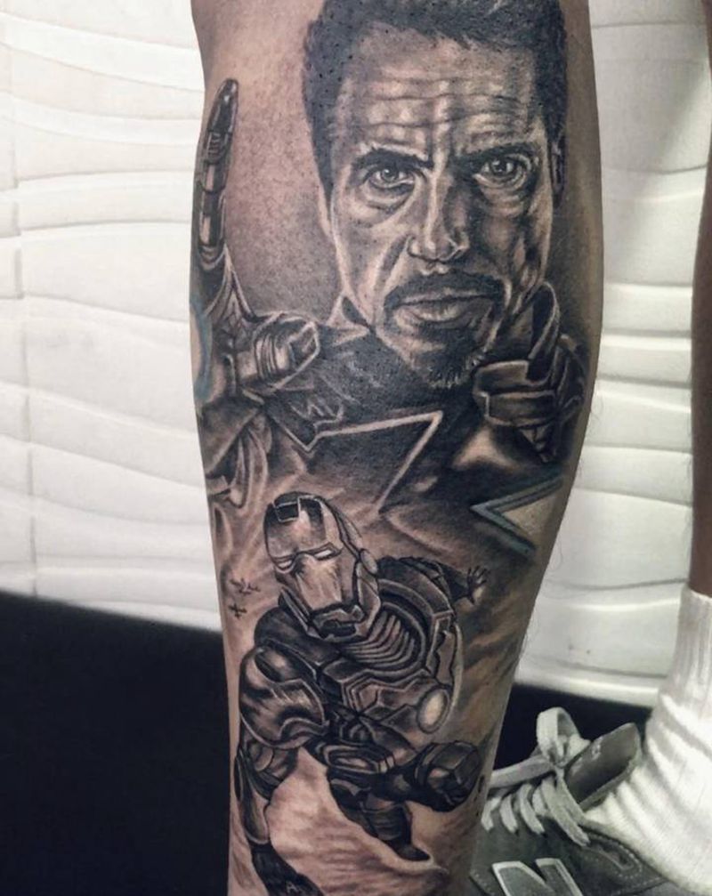 漫威主题花腿 钢铁侠纹身图片_腿部欧美写实纹身图案