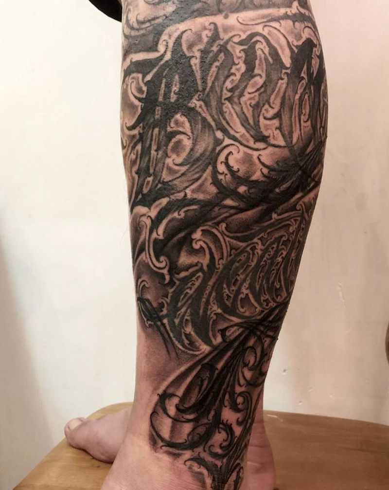 字体纹身图片_腿部脚部花体字欧美写实纹身图案