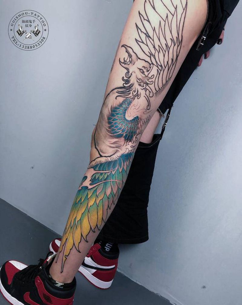 凤  未完成纹身图片_腿部纹身图案